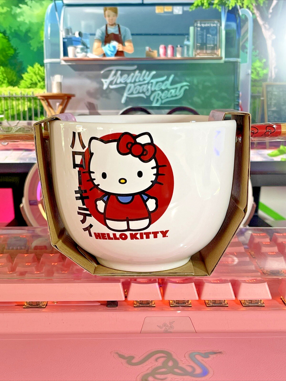 Hello Kitty Ramen Bowl Japanese Logo Ceramic Chopsticks 20oz Red Bow 2023 Sanrio